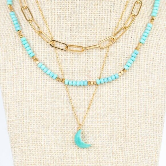 BUNDLE Turquoise Beaded Necklace & Bracelet Set Waterproof Gold - Picture 1 of 12